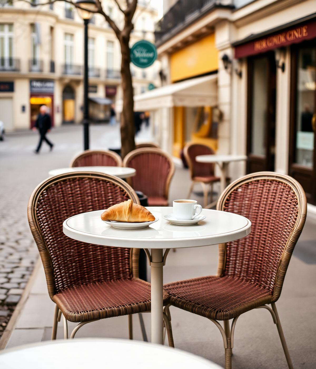 Mesa de café parisiense com croissant e espresso