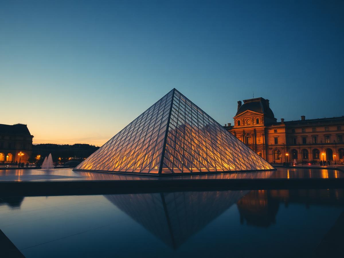 Pirâmide do Louvre iluminada ao anoitecer