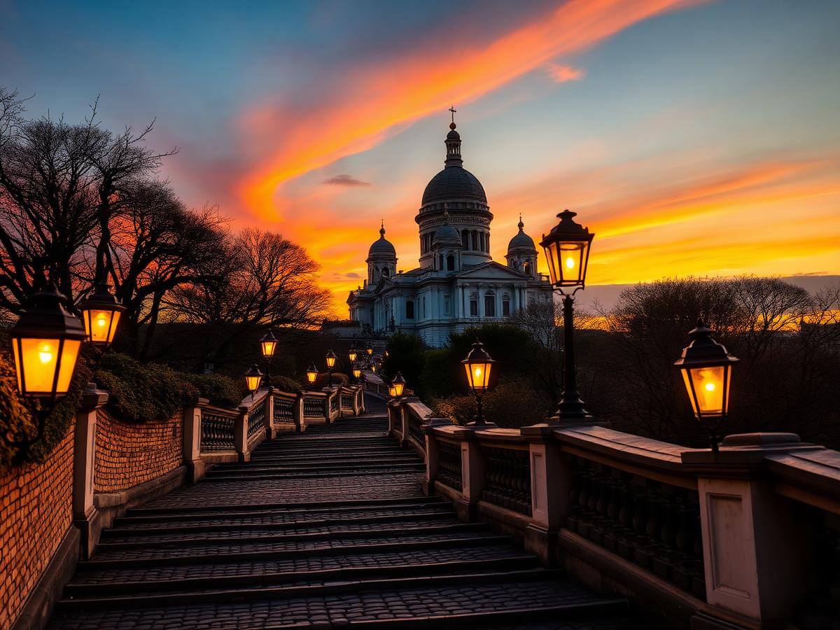 Basílica de Sacré-Cœur em Montmartre ao pôr do sol